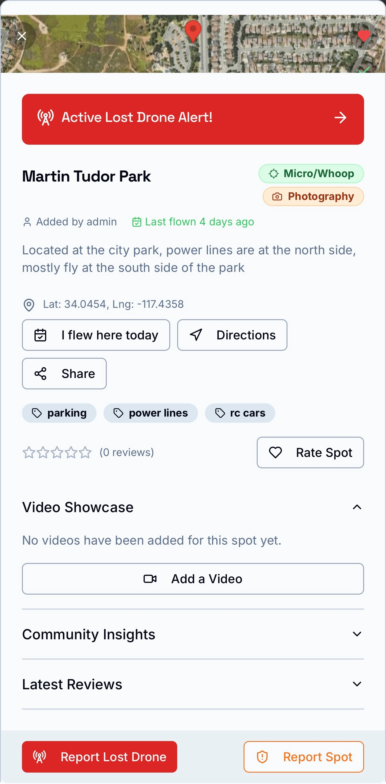 DroneSpot mobile interface showing a list of spots